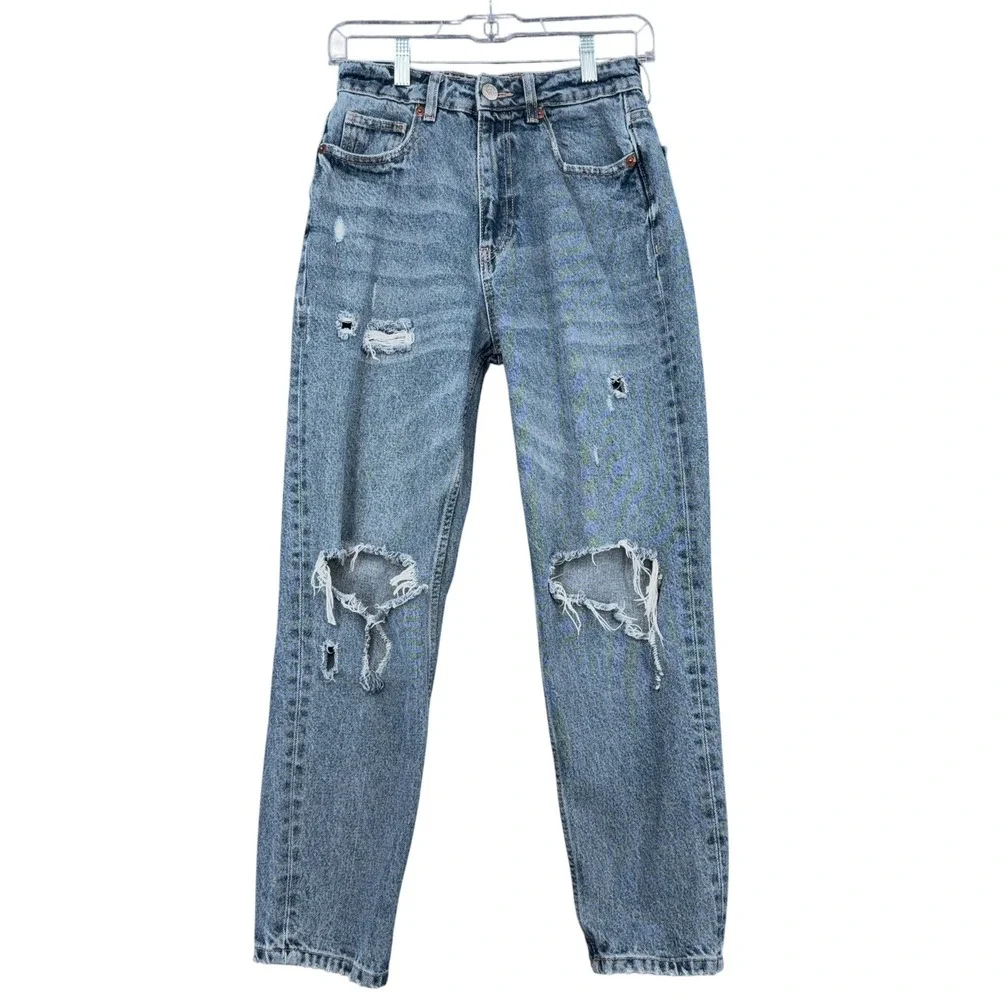 Zara Distressed Mom Jeans Women 4 Cotton Blue‎ High Rise Ripped Denims